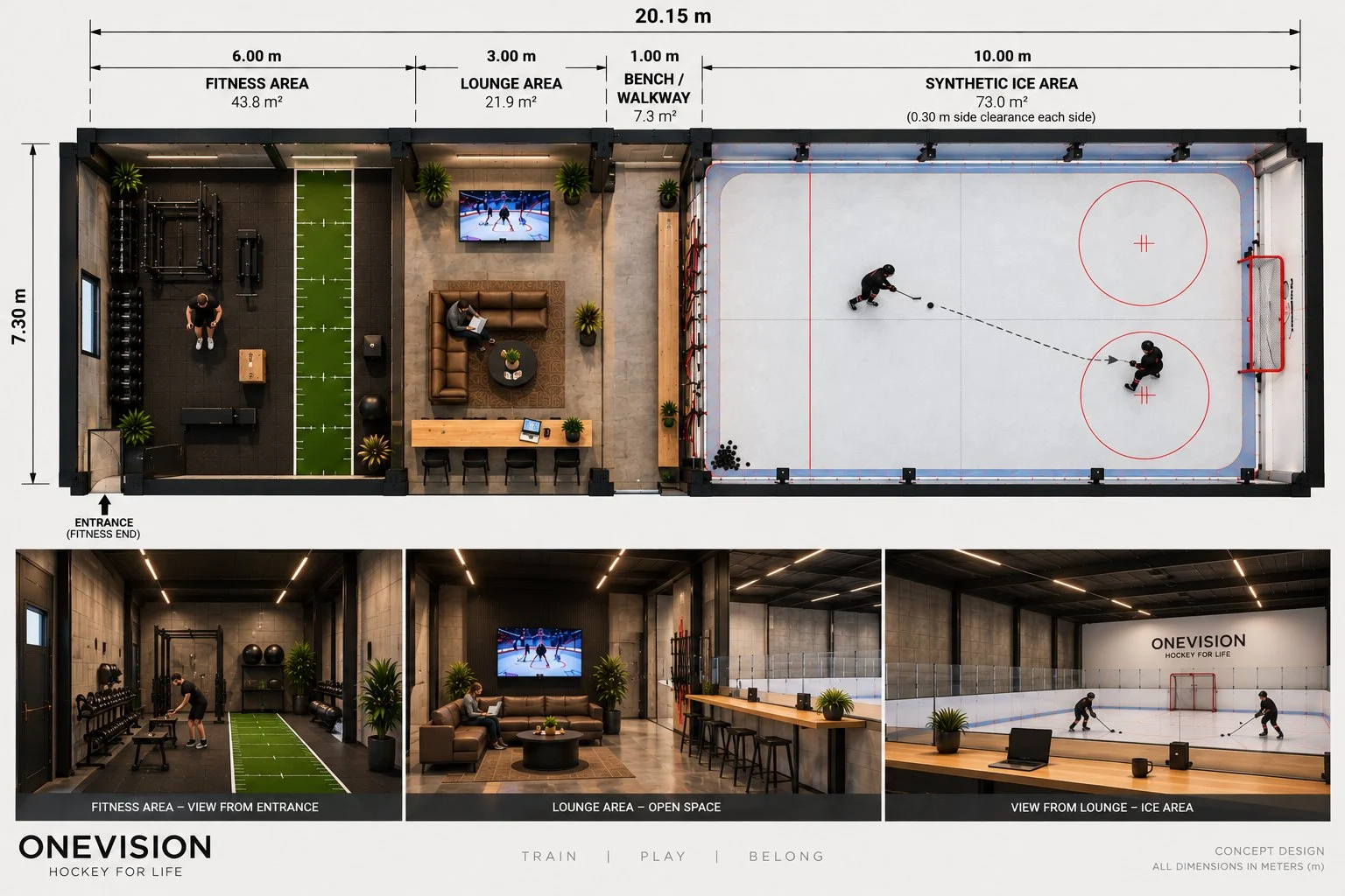 Plan du centre et trois vues intérieures